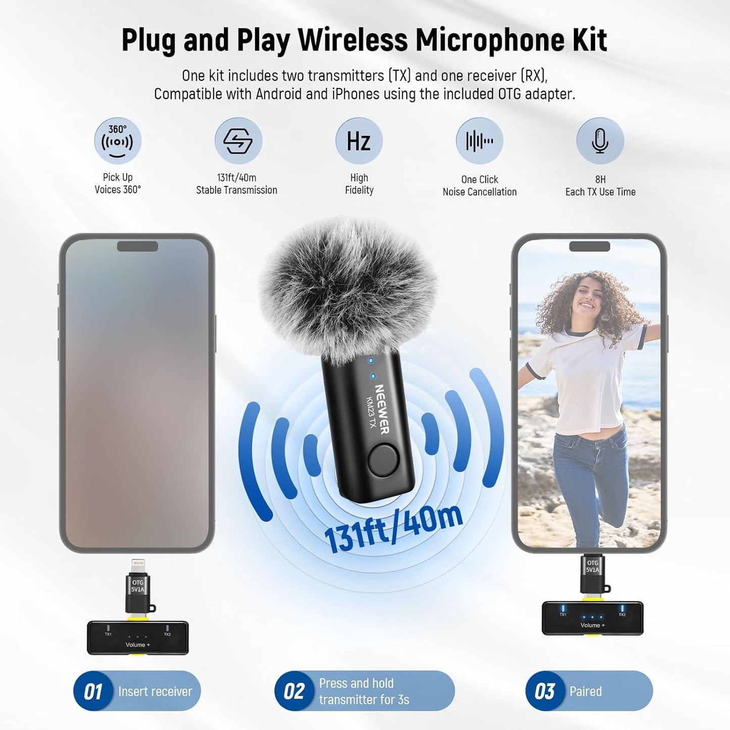 NEEWER Vlogging Kit for Phone with RGB LED Light/Lavalier Wireless Microphone System/Selfie Stick Phone Tripod, Content Creator Essentials for iPhone Android Podcast YouTube, PA048
