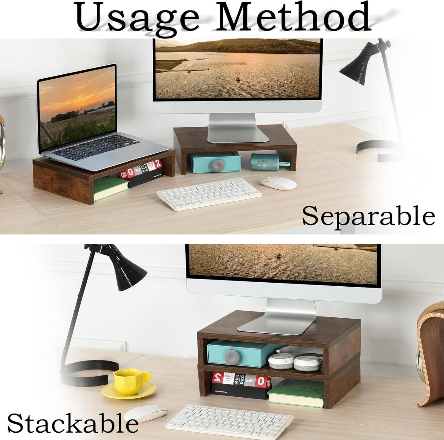 TEAMIX Monitor Riser - 2 Pack, Rustic Brown Wood Adjustable Stand for 2 Monitors/Laptop/PC