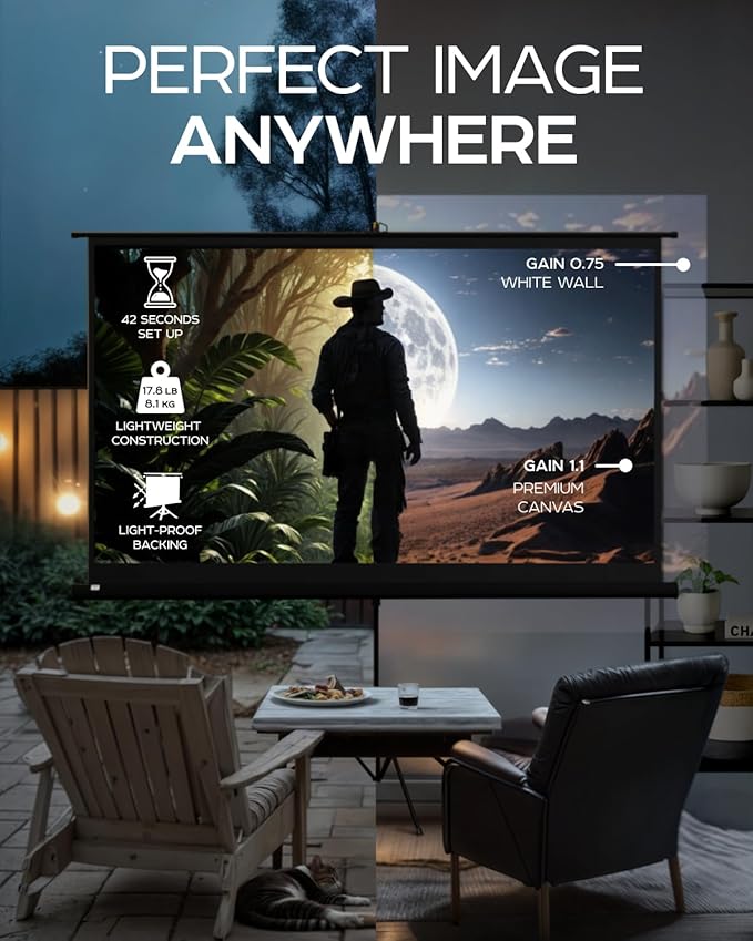 100 Inch Indoor and Outdoor Projector Screen with Stand for Movies or Presentations - HD Premium 16:9 Folding Free Tripod Screen with Carry Bag and Straps, Matte