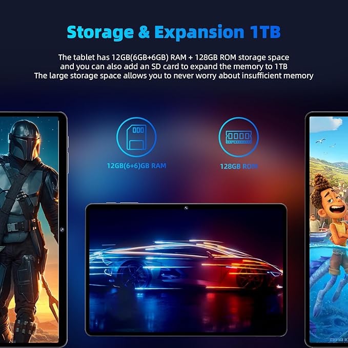 2025 Android 15 Tablet 11inch, Face Unlock, 18W Fast Charging, 12GB+128GB+1TB Expand, Octa-core CPU, 8000mAh Large Battery, WiFi6, Touchscreen Display, Widevine L1 Tableta, Black