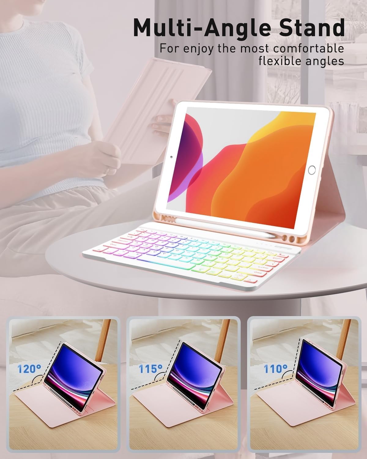 Keyboard Case for Galaxy Tab S10 Lite/ S10 FE/ S9 FE/S9/S8/S7, Slim Lightweight 7 Color Rainbow Backlight Detachable Magnetic Keyboard Cover with S Pen Holder, Pink