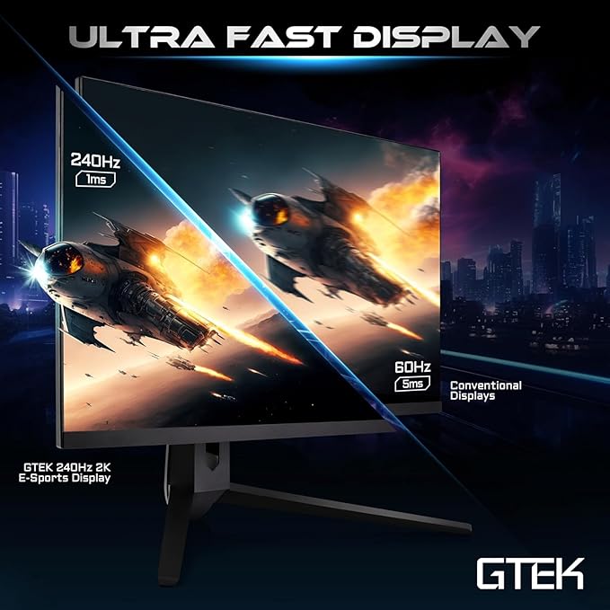 GTek 27 inch 240Hz 2K Gaming Monitor, QHD 2560 x 1440P Computer Monitor, Extreme Low Motion Blur, Fast IPS 1ms MPRT, DisplayPort/HDMI, VESA, Height Adjustable- Q2740P