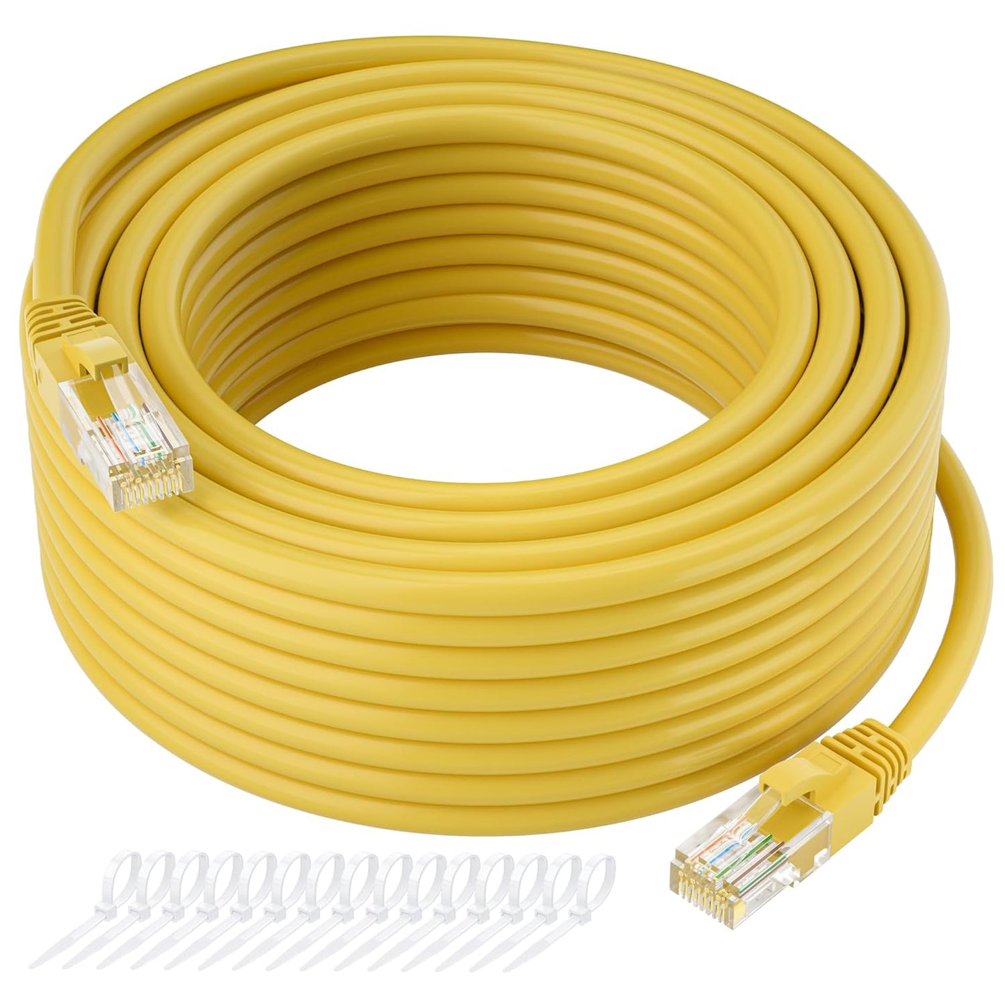 Cat5e Ethernet Cable 250 FT, Long Cat 5e Internet Cable, Yellow Snagless Patch Cord, Flexible, Network, LAN, PoE, Standard RJ45 Connector for PC, Server, Router, Modem, TV, PS5 - with 15 Cable Ties