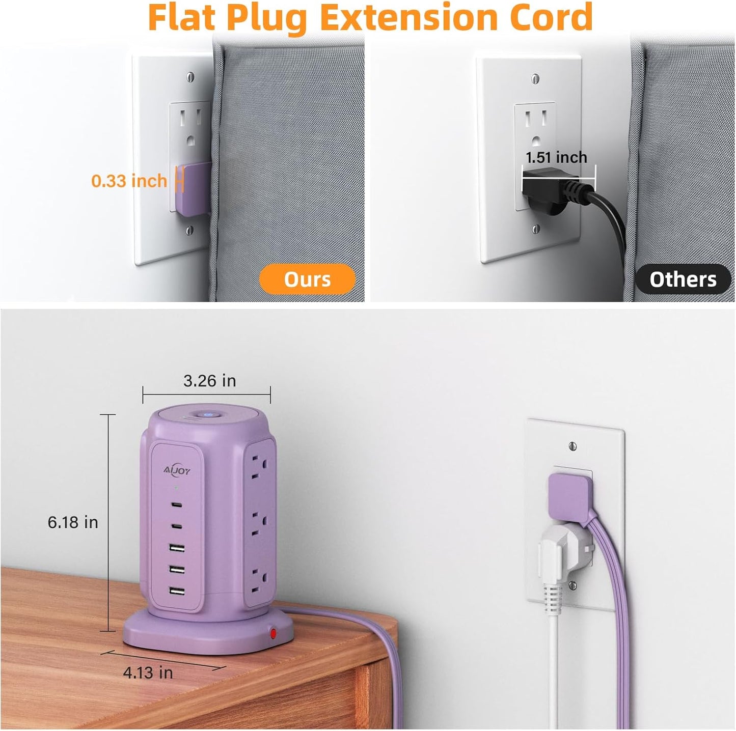 AiJoy Flat Plug Power Strip Tower with 9 Outlets and 5 USB Ports (2 USB C), 1200J Surge Protection with 1625W Extension Cord with Multiple Outlets for Dorm Home Office Supplies, Purple