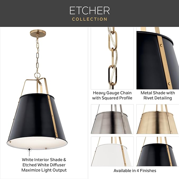 Kichler Etcher 1-Light Pendant, Updated Traditional Light with Etched Painted White Glass Diffuser in White and Champagne Bronze, for Kitchen or Dining Room (17" x 13"), 52710WH
