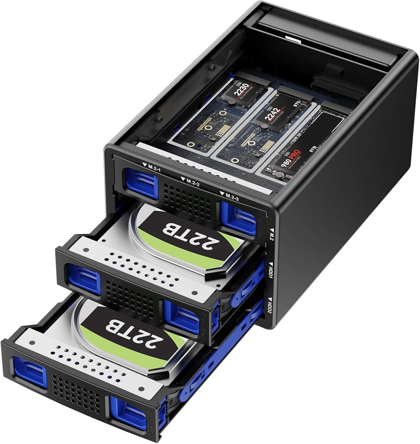 Hybrid 2*2.5/3.5" SATA HDD/SSD(Support RAID 1/0/JBOD/NORMAL)+3* M / B+M Key M.2 NVMe Enclosure with Fan, USB A/C 3.2 Gen 2, Hard Drive Enclosure Support 68TB(2*22TB HDD+3*8TB 2230/42/60/80/110 SSDs)