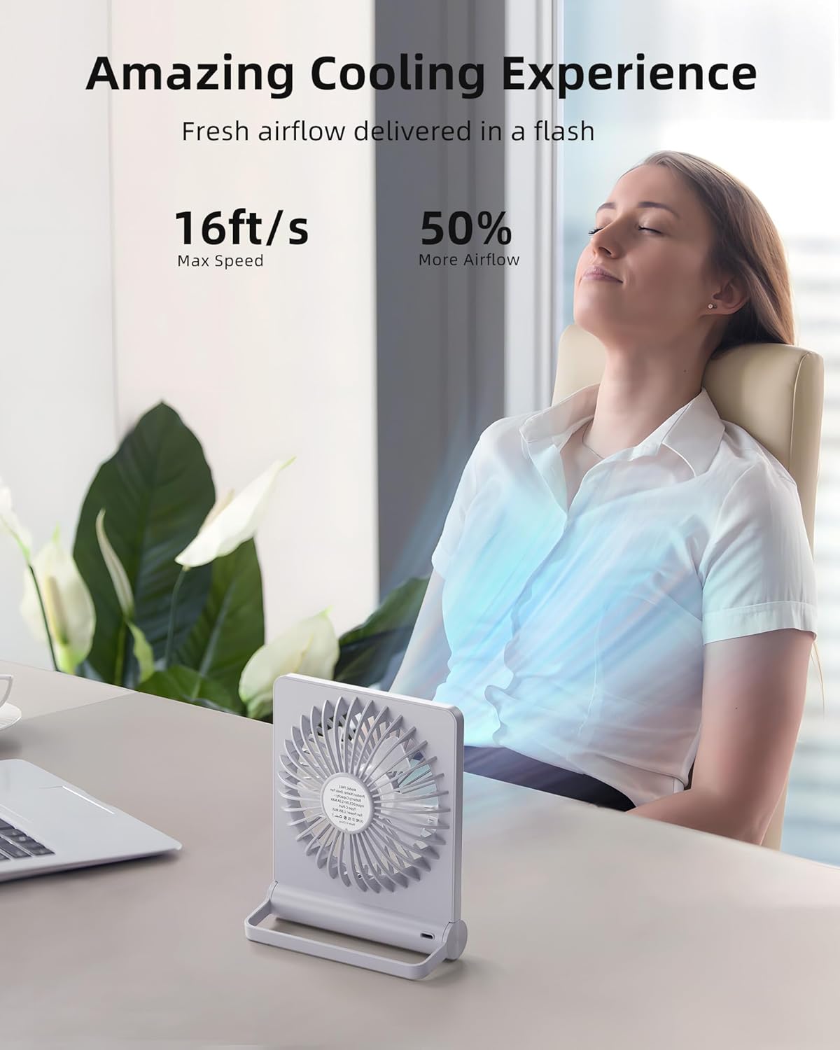Koonie Portable Desk Fan, 3.5-20hrs Battery Operated Small USB Fan with Ultra Quiet 220° Tilt Folding, Rechargeable Personal Fan with 3 Speeds Strong Wind for Home Office Desktop, White