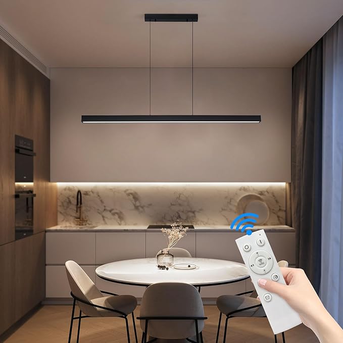 47" LED Linear Pendant Light Fixtures, 25W Dimmable Pool Table Light with Remote, Modern Island Lights for Kitchen Dining Room Living Room Office Bar, 3000k-6000k, Black