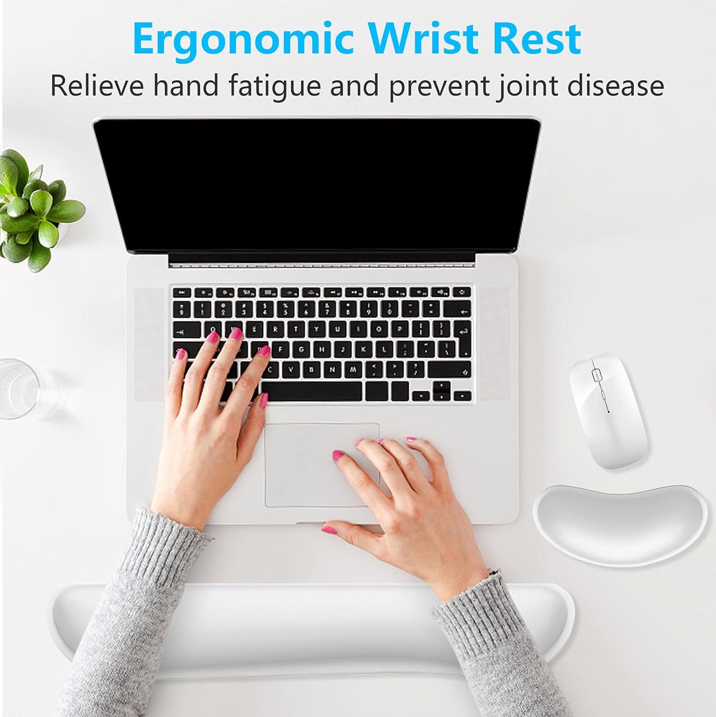 Dapesuom Enlarge Keyboard Wrist Rest, Memory Foam Wrist Cushion for Desk Mats Support, Cute Typing Pain Relief Keyboard Mouse Pad Rests Set with Non-Slip Base for Gaming Laptop Office, Ivory White