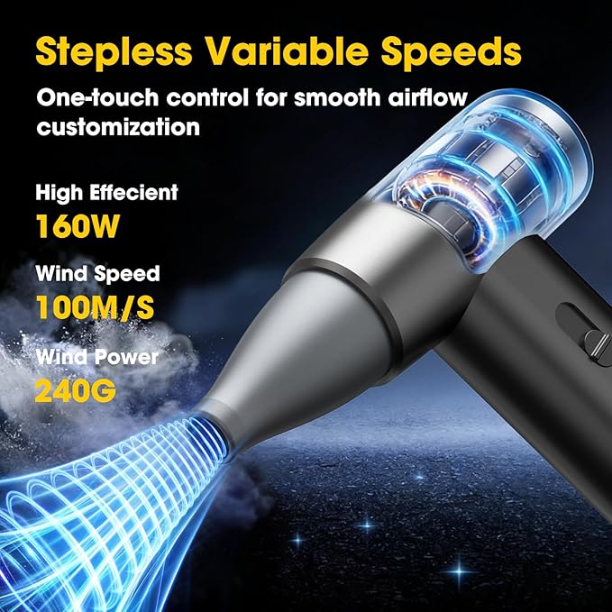 Metal Electric Compressed Air Duster, 300000RPM Brushless Motor with Stepless Speed, Rechargeable Cordless Mini Blower for Computer Keyboard Cleaning, Car Detailing, House and Outdoor Use(Black)
