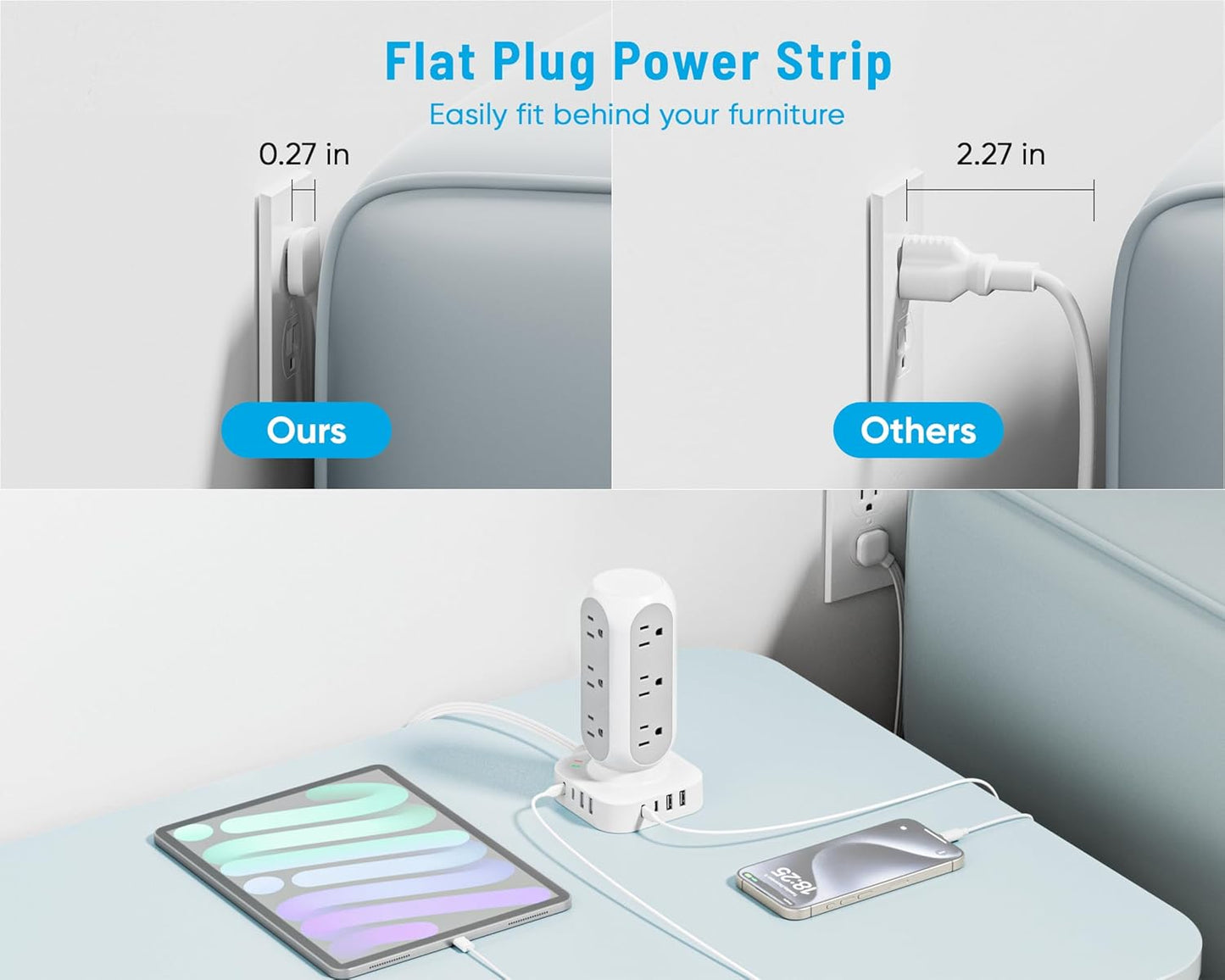 Tower Surge Protector Power Strip, 10FT Extension Cord with Multiple Outlets, Flat Plug Outlet Extender with 12 AC Outlets & 8 USB Ports, 24W Total Charging Station for Home Office Dorm Room