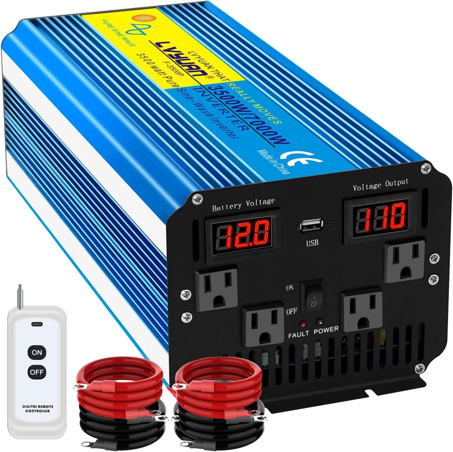 Yinleader 3500 Watt Pure Sine Wave Power Inverter 12V DC to 110V/120V AC Converter for Family RV Camping Boat Emergency/4 AC Outlets and LCD Display, Remote Controller