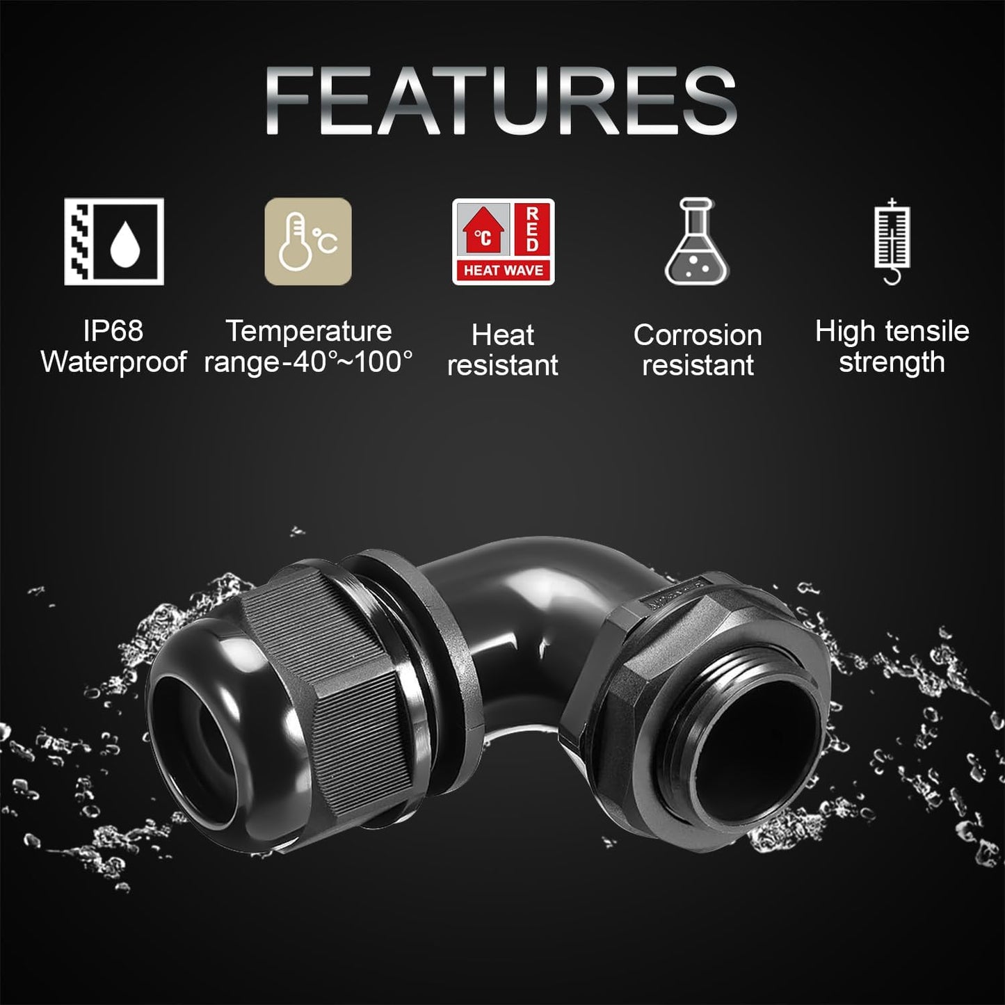 LeMotech M40 Cable Gland, 90 Degree Adjustable 26-33mm Cable Range Strain Relief, Cord Connectors Nylon Joints with Gaskets, 2 Pcs, Black
