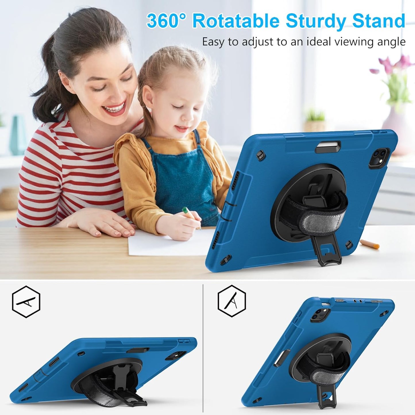 Case for iPad Pro 11 Inch 2022/2021/ 2020/2018: Cover for iPad 11 Inch 4th/ 3rd/ 2nd/ 1st Generation with Screen Protector- Stand- Handle- Shoulder Strap- Pencil Holder Blue