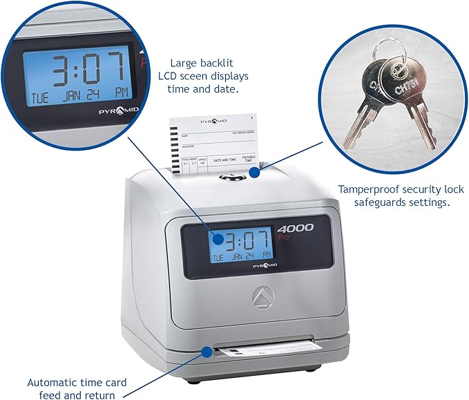 Pyramid Time Systems - Model 4000 Auto Totaling Time Clock, Electronic Time Punch Clock for Small Business, Bundle Includes: 25 Time Cards,Ribbon and 2 Security Keys - Silver ( 7.25"h x 7"w x 6.75"d)