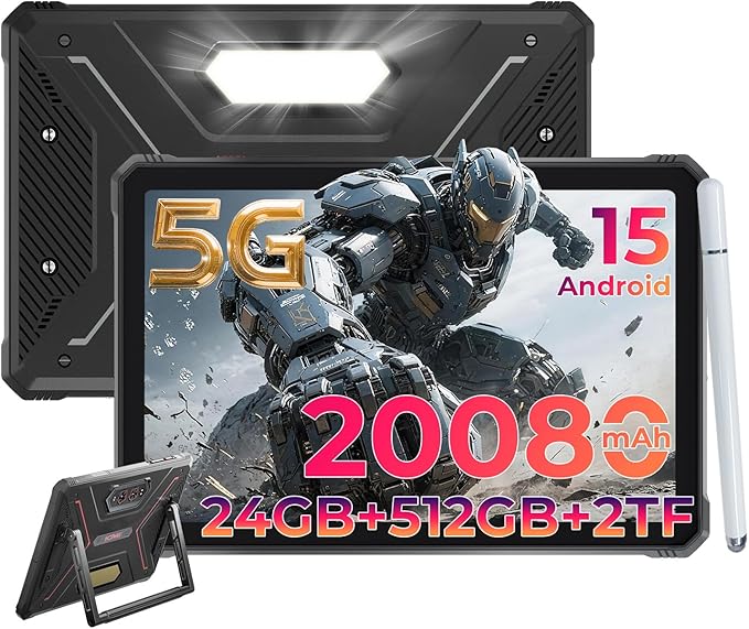 HOTWAV R9 Ultra 5G 2025 Rugged Tablet Android 15, 11" FHD+ 120Hz 20080mAh Waterproof Tablet with Stylus, Octa-Core 24GB+512GB/2TB TF, 64MP+16MP+20MP, Gemini AI/IP68&IP69K/5G LTE&WiFi/Face ID/OTG/GPS