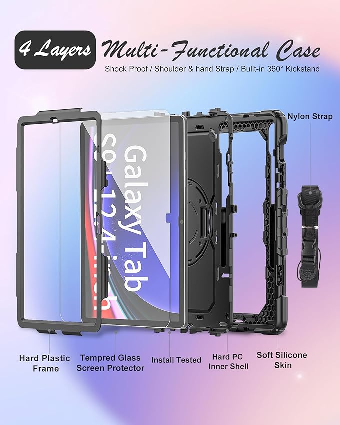 Case for Samsung Galaxy Tab S10 Plus/ S9 FE Plus/ S9 Plus 5G Tablet 12.4'', Shockproof Protective Cover with [Tempered Glass Screen Protector], Stand, Shoulder Strap & S Pen Holder (Black)