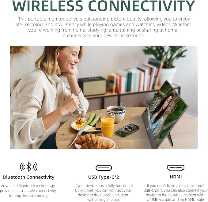 15.6 Inch Wireless Display Portable Monitor Support Mirroring for Phone, Miracast for Laptops, Wireless Network Adapter for PC, New Display Technology 180°Adjustable, HDMI for Laptops, Mobile