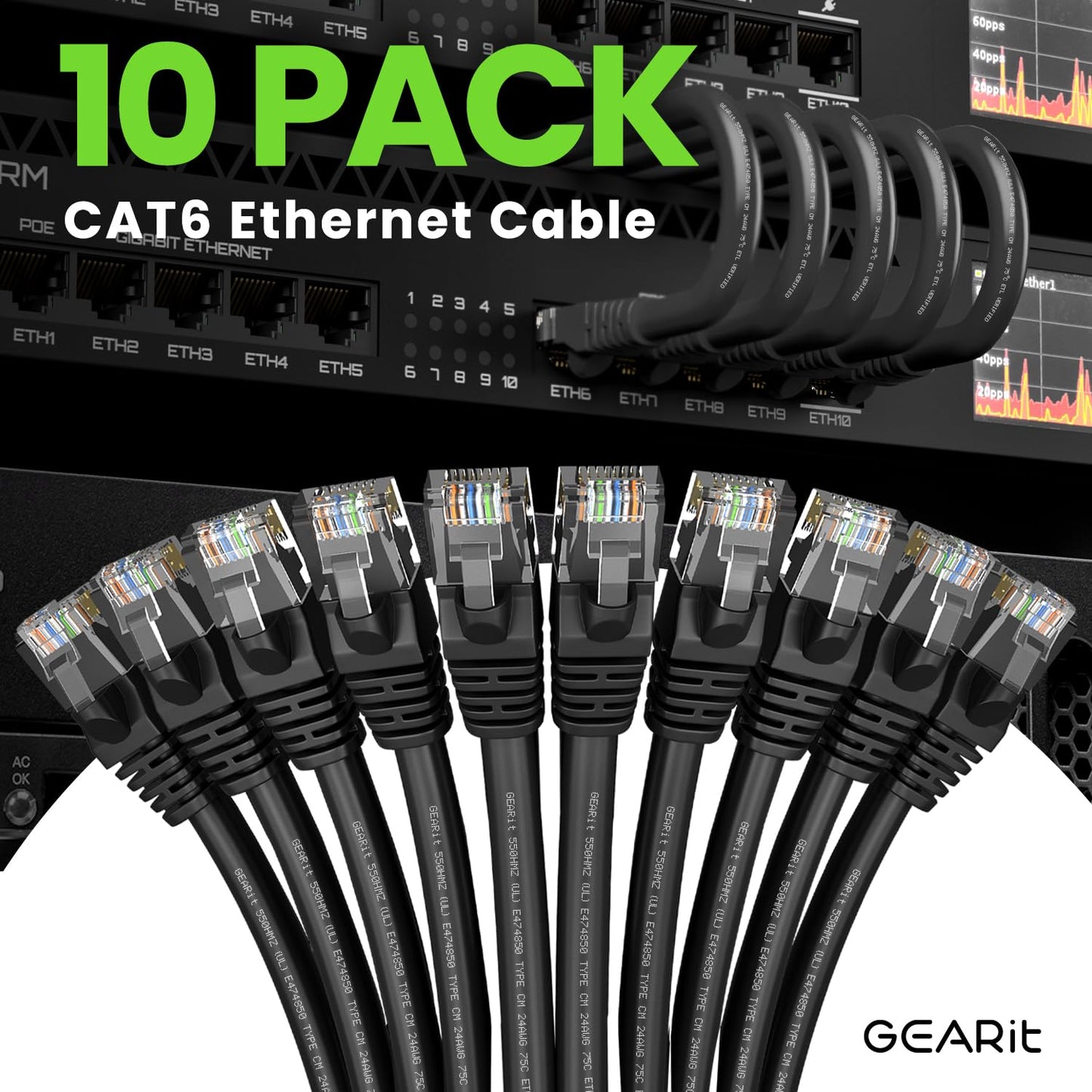 GearIT Cat 6 Ethernet Cable Pack - 10-Pack 5 ft Cat6 Ethernet Patch Cables | RJ45 Network Patch Cable, 10 Gbps Snagless Gold-Plated Connectors - Ethernet Cable Cat 6 for PC, TV, Router - Black