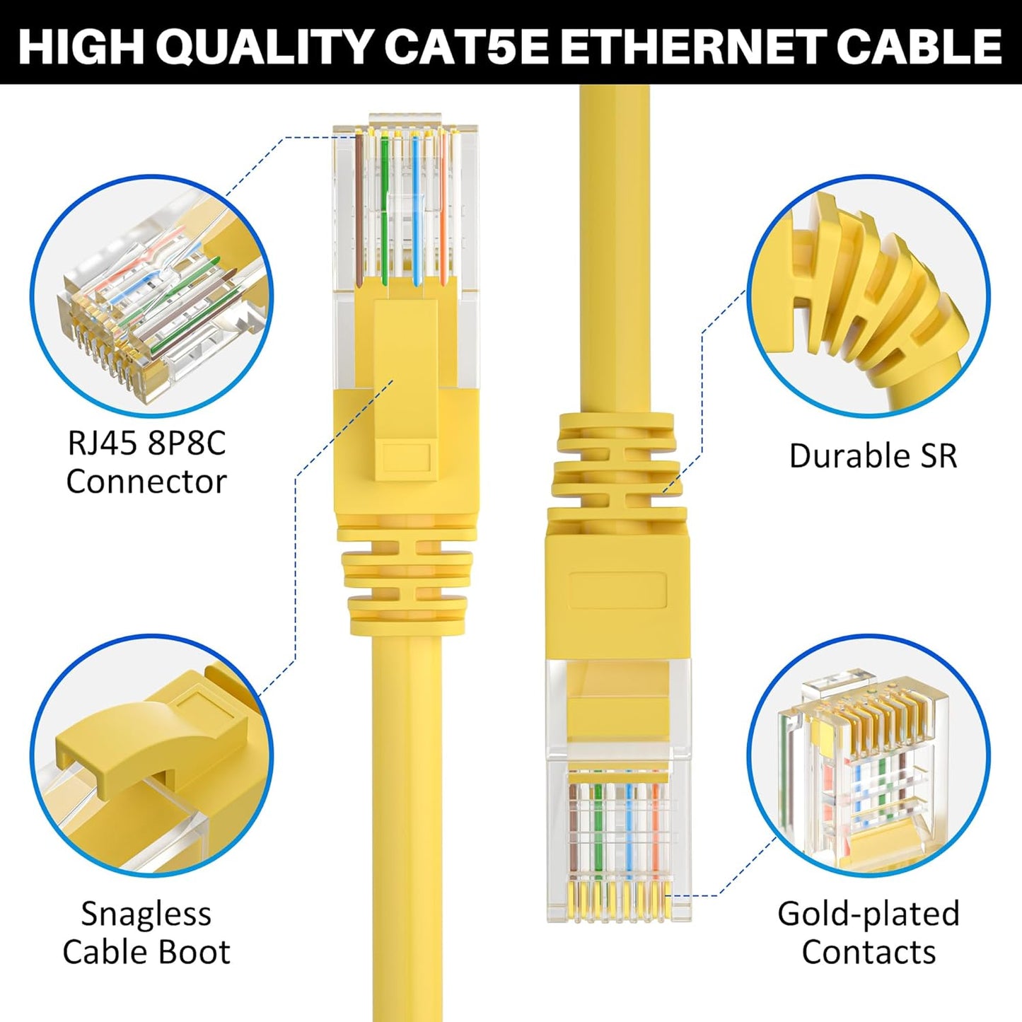 Cat5e Ethernet Cable 150 FT, Long Cat 5e Internet Cable, Yellow Snagless Patch Cord, Flexible, Network, LAN, PoE, Standard RJ45 Connector for PC, Server, Router, Modem, TV, PS5 - with 15 Cable Ties