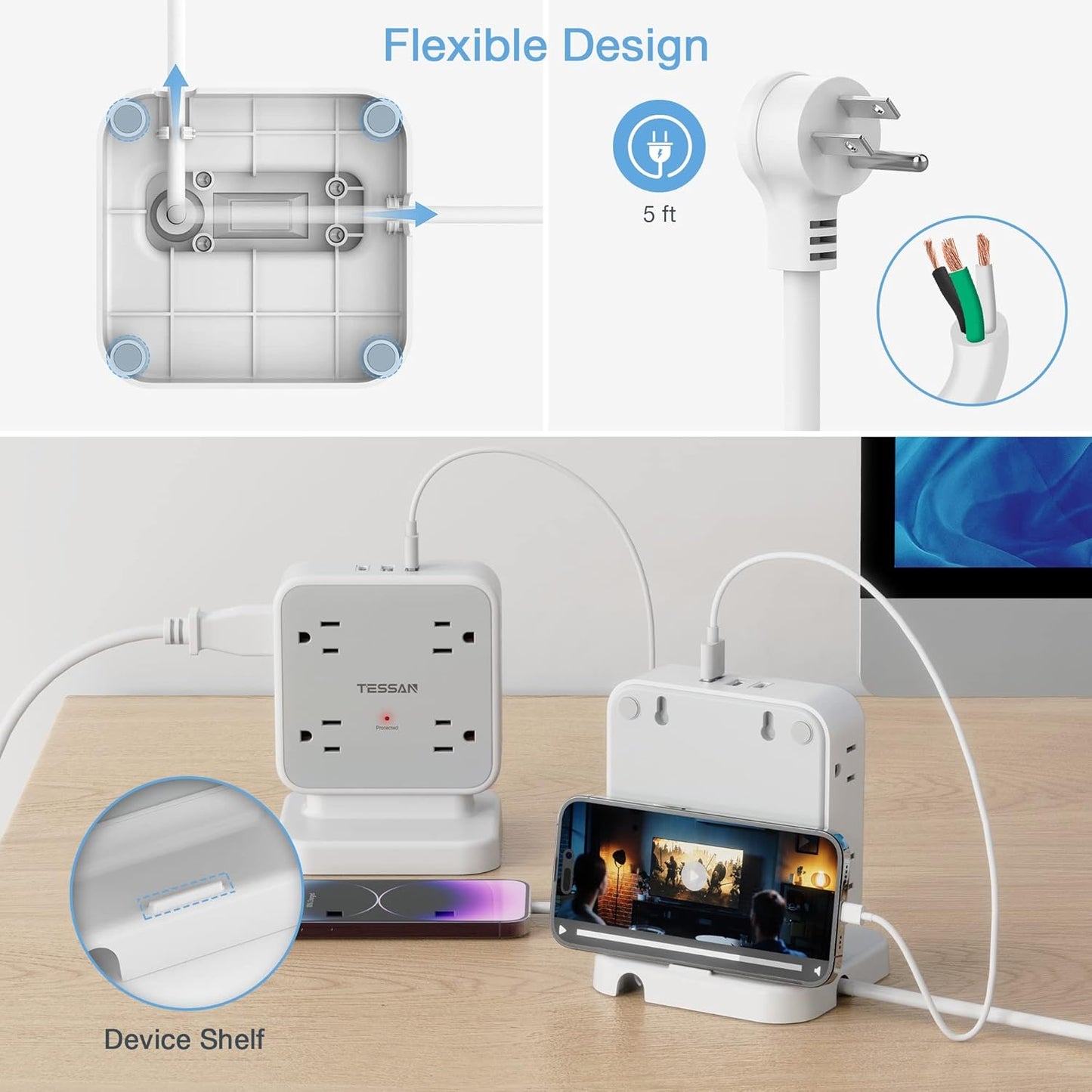 Power Strip Tower Surge Protector, TESSAN 8 AC Outlets with 3 USB (1 USB C Port), 5 FT Flat Plug Extension Cord with 900 Joules Protection, Desk Charging Station for Home Office Supplies, Dorm Room