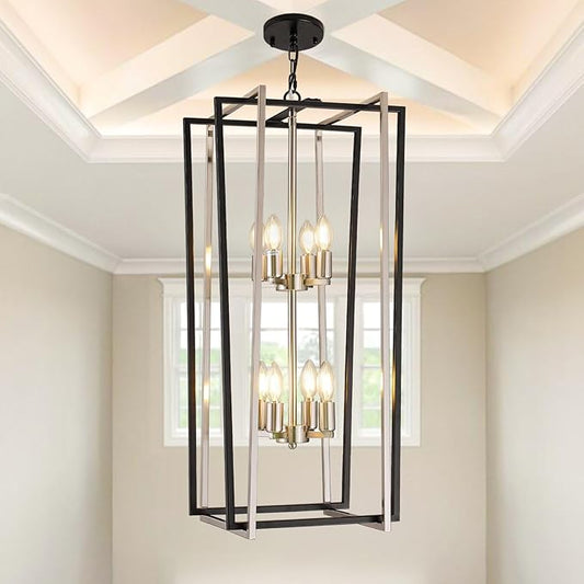 WJShome 8-Light Modern Chandelier, Farmhouse Foyer Lighting Fixtures, Chandeliers for High Ceilings, Black and Silver Lantern Pendant Light Fixtures, for Staircase, Entryway Hallway