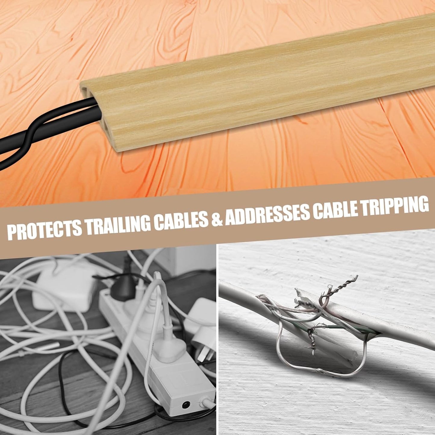 Floor Cord Cover Self Adhesive Cord Hider,10FT Cable Management, Extension Strip Protector for Wires, Prevent Cable Trips for Offices, Gyms, Exhibitions Cavity:0.3"(W) x0.28(H) WoodLightyellow