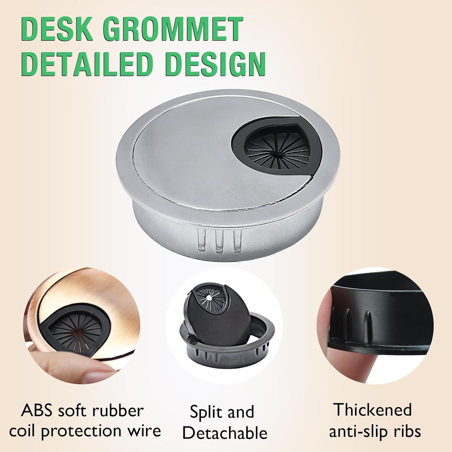 2 Pcs Desk Grommet 3-1/8" / 80 mm, Desk Cord Hole Cover, Cable Grommet Metal Zinc Alloy Materilal, Desk Hole Grommet for Home & Office Pc, Detachable Cable Cord Organizer-Flat Black
