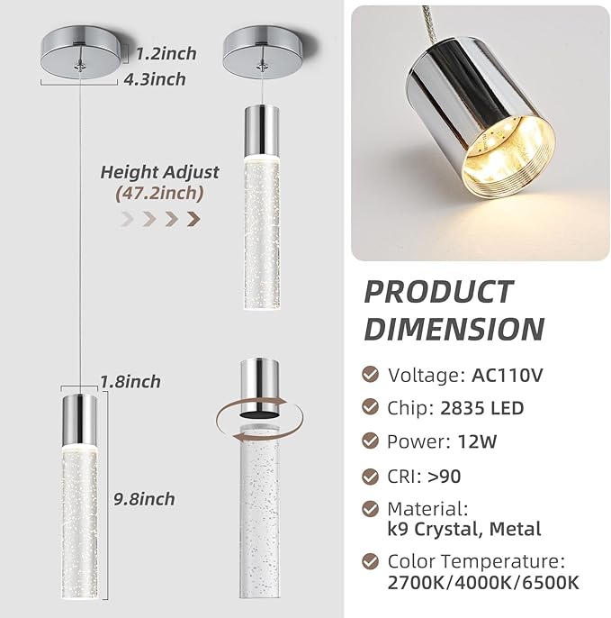 Pendant Lights Kitchen Island, 2700-6000K Modern Kitchen Island Lights,Brushed Nickel Dimmable Hanging Light Fixtures with Crystal Bubble, 12W LED Hanging Light for Dining Room, (1Pack)