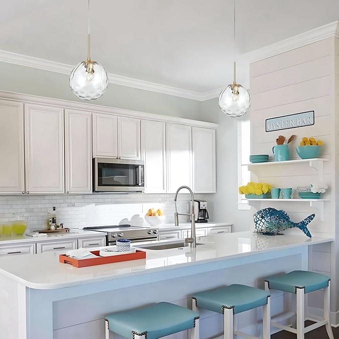 ALICE HOUSE 2 Packed 8-inch Modern Kitchen Island Pendant Lights, Hammered Glass, Gold Farmhouse Pendant Lighting, Brushed Brass Hanging Light Fixtures for Bathoom, Entryway and Hallway AL4201-P2