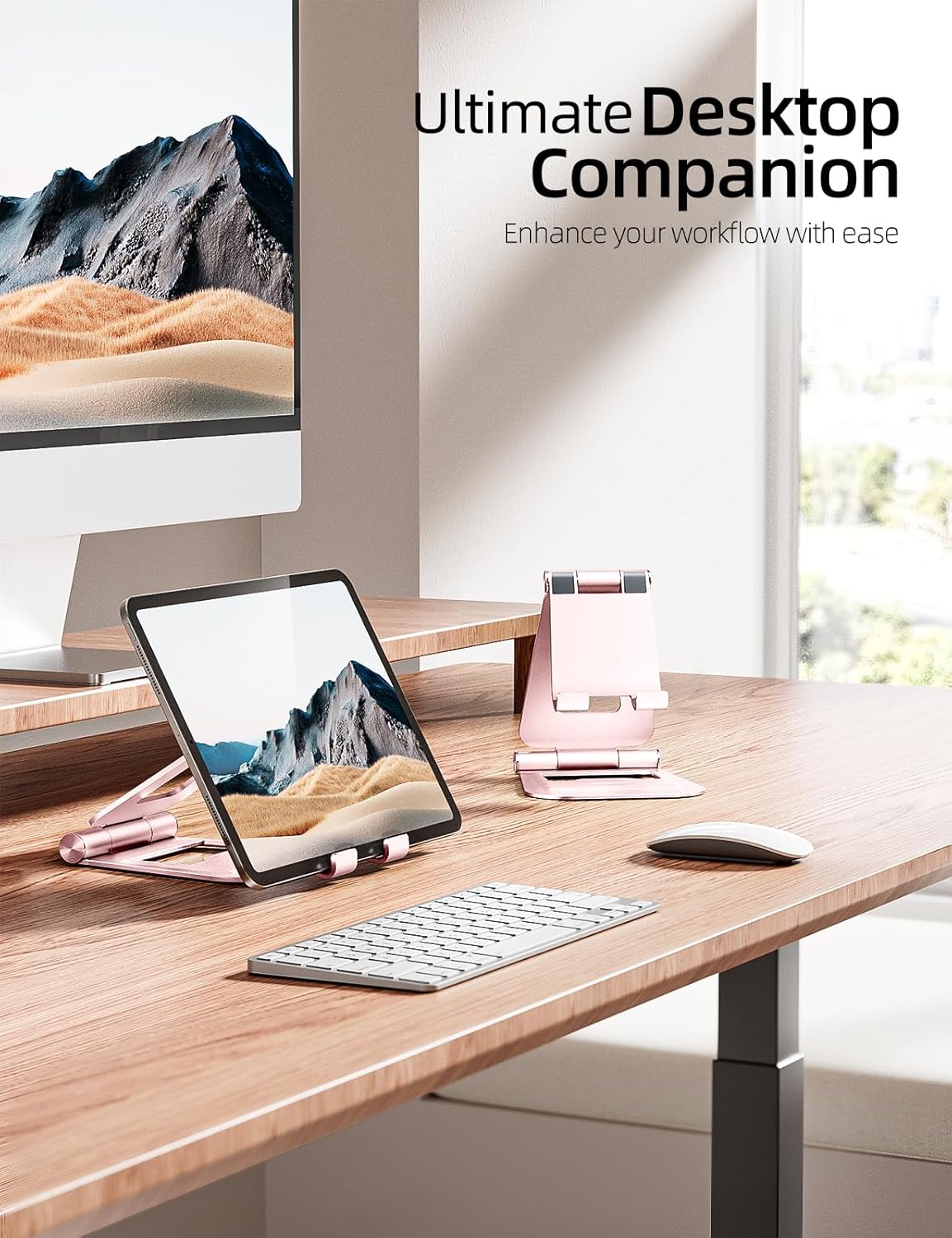 Nulaxy Aluminum Dual Foldable iPad Stand, Fully Adjustable Desktop Tablet Holder, Tablet Accessories for Office Kindle Compatible with Mobile Devices iPad Pro/Air/Mini, iPhone Pro/Max/Plus, Rose Gold