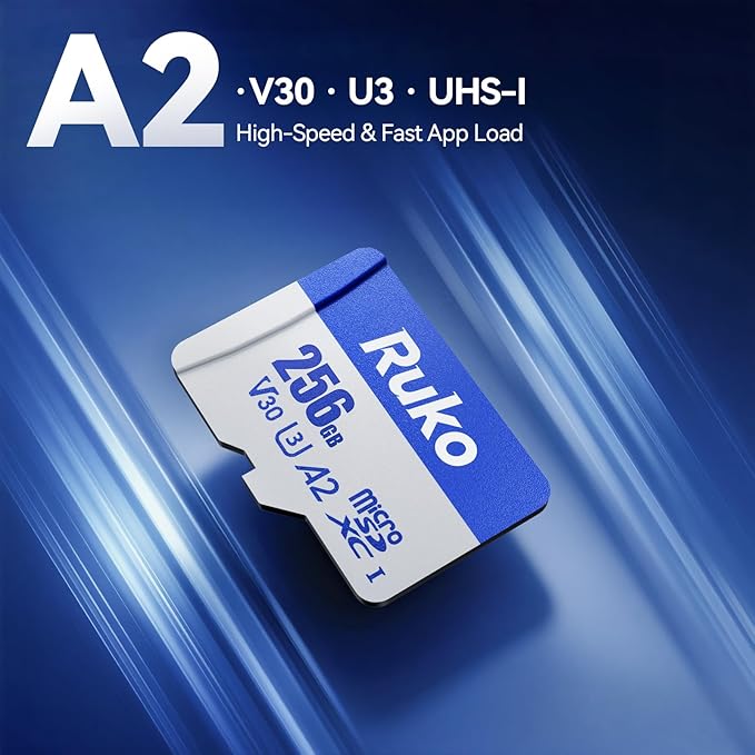 Ruko 256GB Micro SD Card with Adapter & Reader, A2, Class10, UHS-I U3/V30, 4K UHD, Up to 100MB/s Read, TF Memory Card for Drone, Camera, Gaming Console