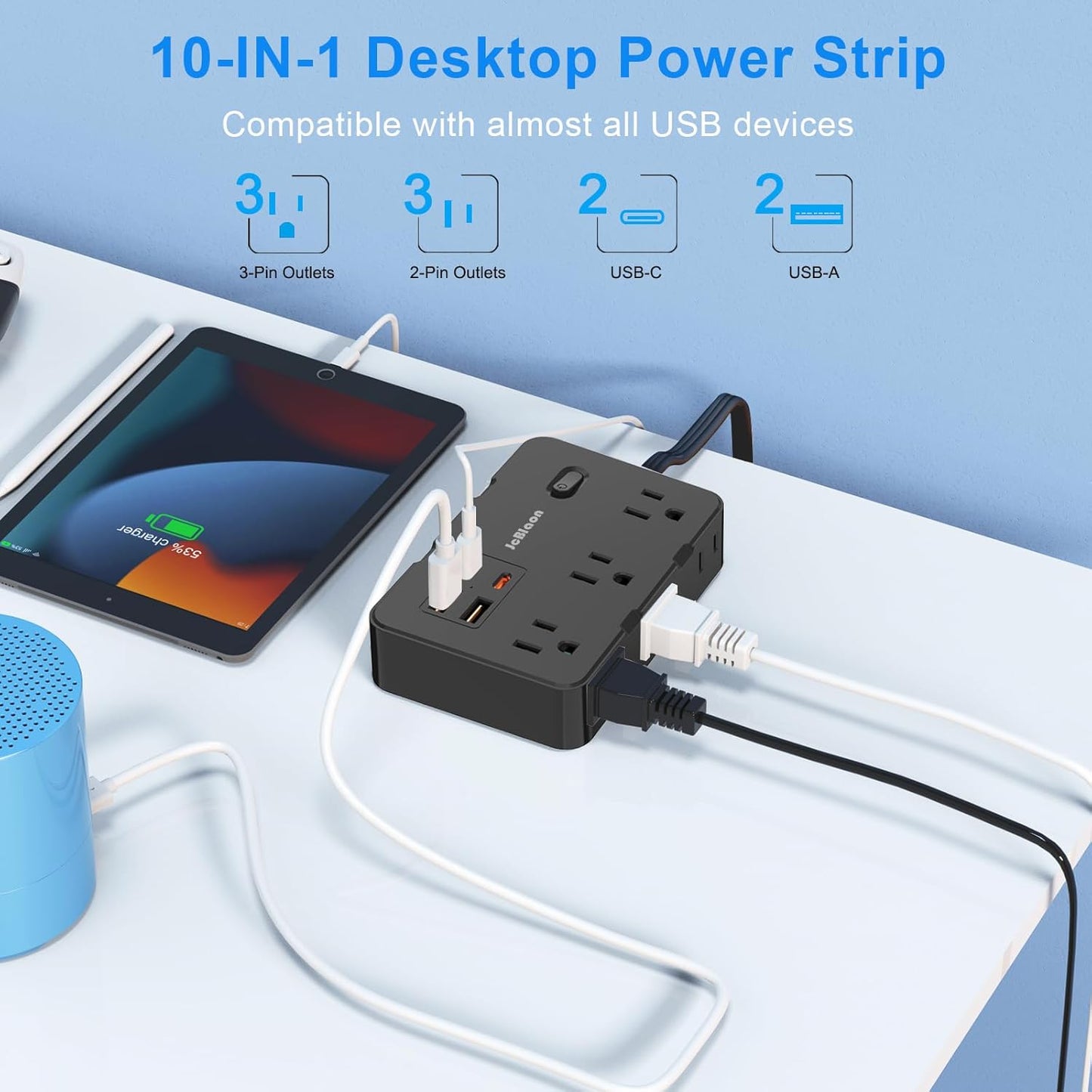 Flat Plug Power Strip Surge Protector, 5ft Ultra Thin Extension Cord with 4 USB Wall Charger(2 USB C Port), 6 Widely-Spaced Outlets Power Strip Compact for Travel, Office, Dorm Room Essentials (Black)