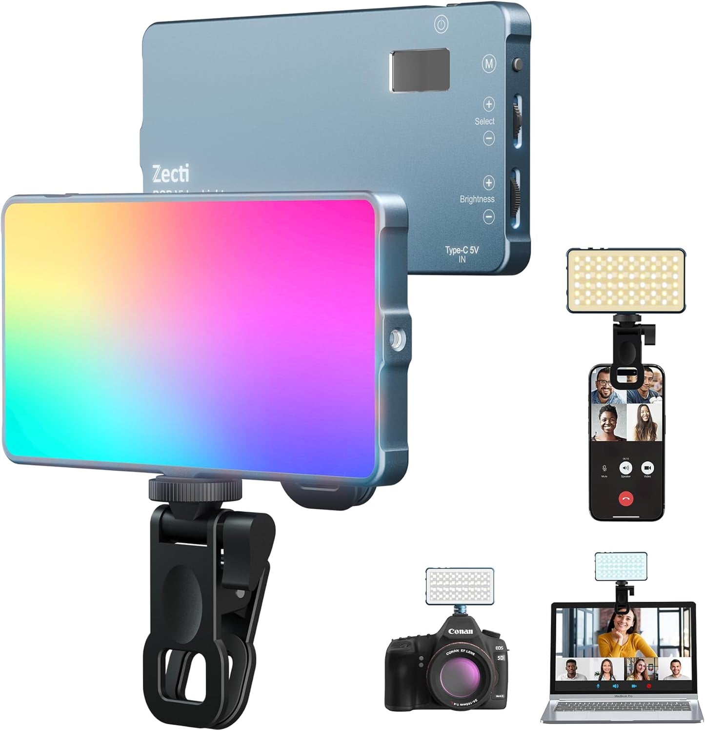 Selfie Light, 96 LED Phone Light with Metal Hotshoe & Clip, 1500mAh Rechargeable 360° Full Color 21 Scenes RGB Video Light for Phones, iPhone, Laptops, Cameras, Selfie, Video Conference, TikTok