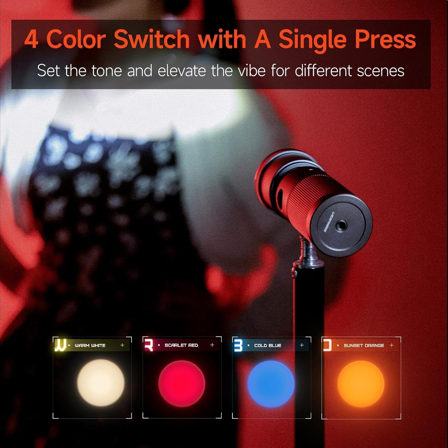 PHOTOOLEX 4 Colors Photography Flashlight, 8400mAh Power Portable Spotlight for Photography, LED Flashlight Aluminum Alloy Light for Video Recording & Vlogging, Sunset Light Rechargeable Flashlights