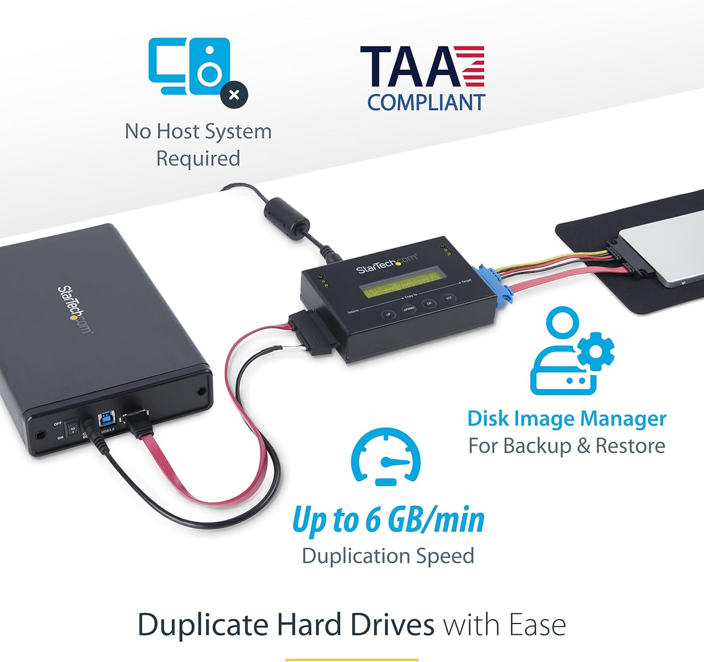 StarTech.com 1:1 Standalone Hard Drive Duplicator with Disk Image Manager For Backup and Restore, Store Several Disk Images on one 2.5/3.5" SATA Drive, HDD/SSD Cloner, No PC Required, TAA