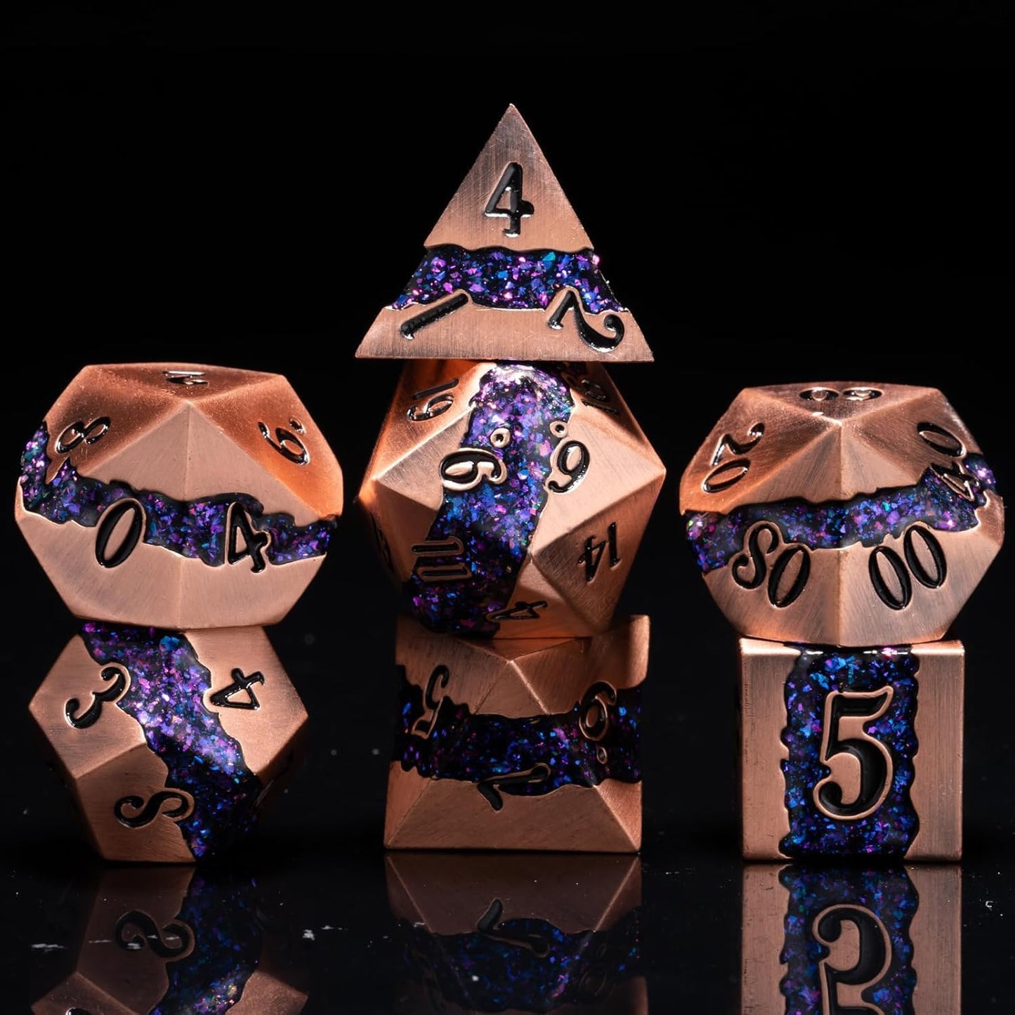 Polyhedral Metal Dice DND,RPG Purple Glitter Stripe Dice Set,Antique Copper Metal Dice Set for Role Playing Games
