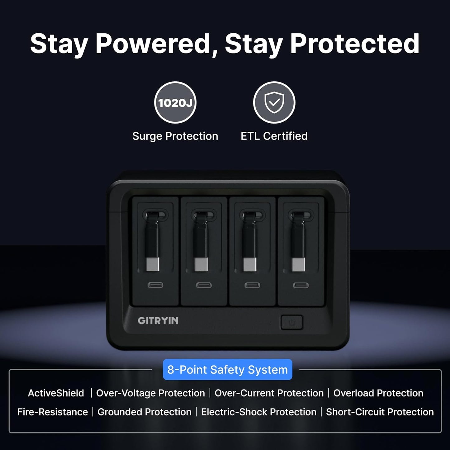 Gitryin 12-in-1 Desktop Charging Station with 4 Retractable Type-C Wall Chargers, 40W USB-C Power Strip with Flat Plug, Extension Cord with 1020J Surge Protection for Home Office