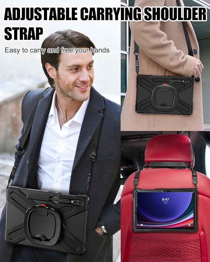 BRAECN Galaxy Tab S9+/S8+/S7+ Case, Heavy Duty Silicone with S Pen Holder, Stable Kickstand/Handle, Shoulder Strap for Samsung Tab S9 Plus 2023-Black