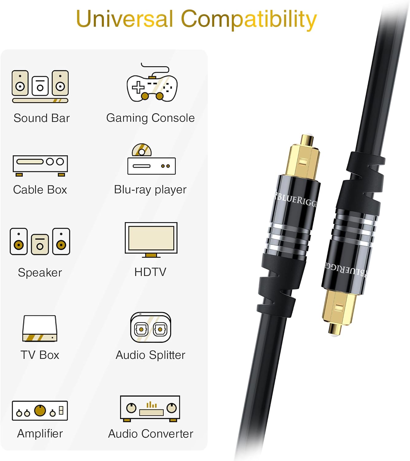 BlueRigger Digital Optical Audio Toslink Cable (10FT, Fiber Optic, Aluminum Shell, 24K Gold-Plated) - Compatible with Home Theatre, Sound Bar, TV, Xbox, PlayStation PS4 – Premium Series