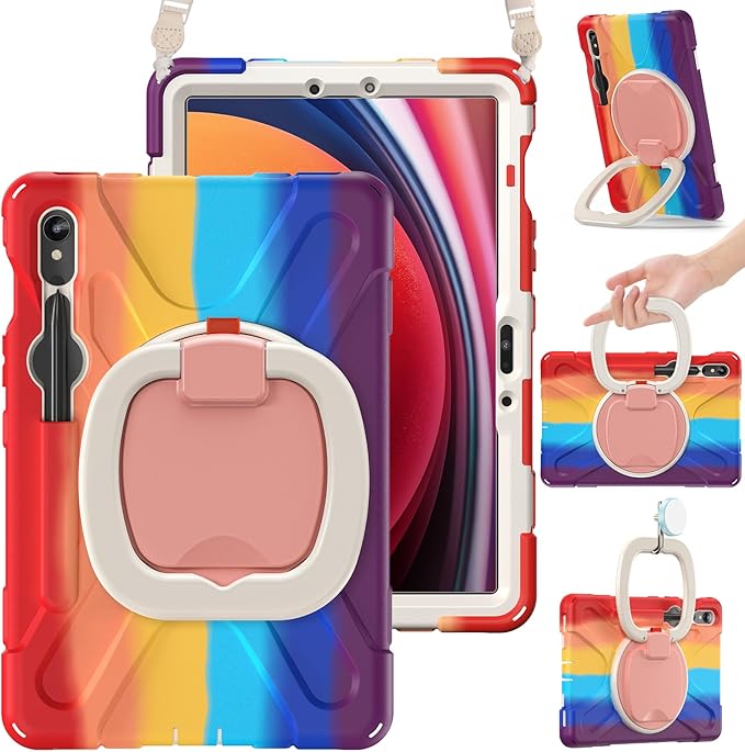 BRAECN Rugged Case for Samsung Galaxy Tab S10 Lite/S10 FE 2025 & S9 FE/S9/S8/S7 10.9"/11" | Protective Silicone Cover with 360°Swivel Handle/Kickstand, Shoulder Strap & S Pen Holder, Colorful Red