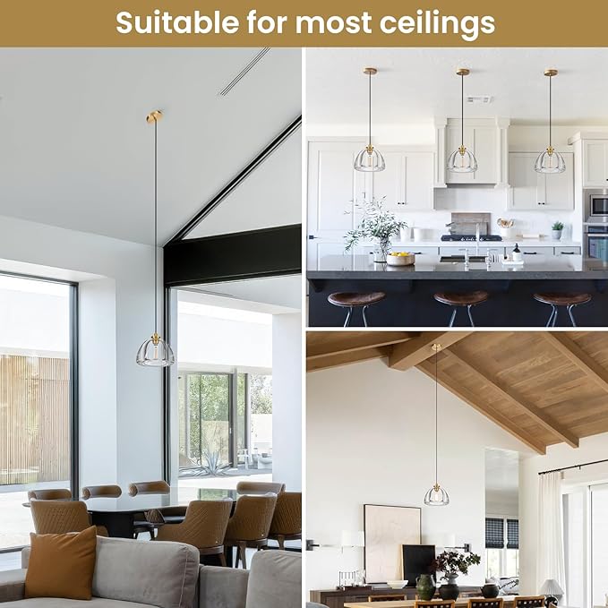 Crystal Pendant Light Kitchen Island: 7" Dimmable Vintage Brass Hanging Lights above Dining Table - Modern K9 Crystals Lighting - Luxury Gold Hemispher Pendants Light Fixtures 3000K E12 Bulbs Included