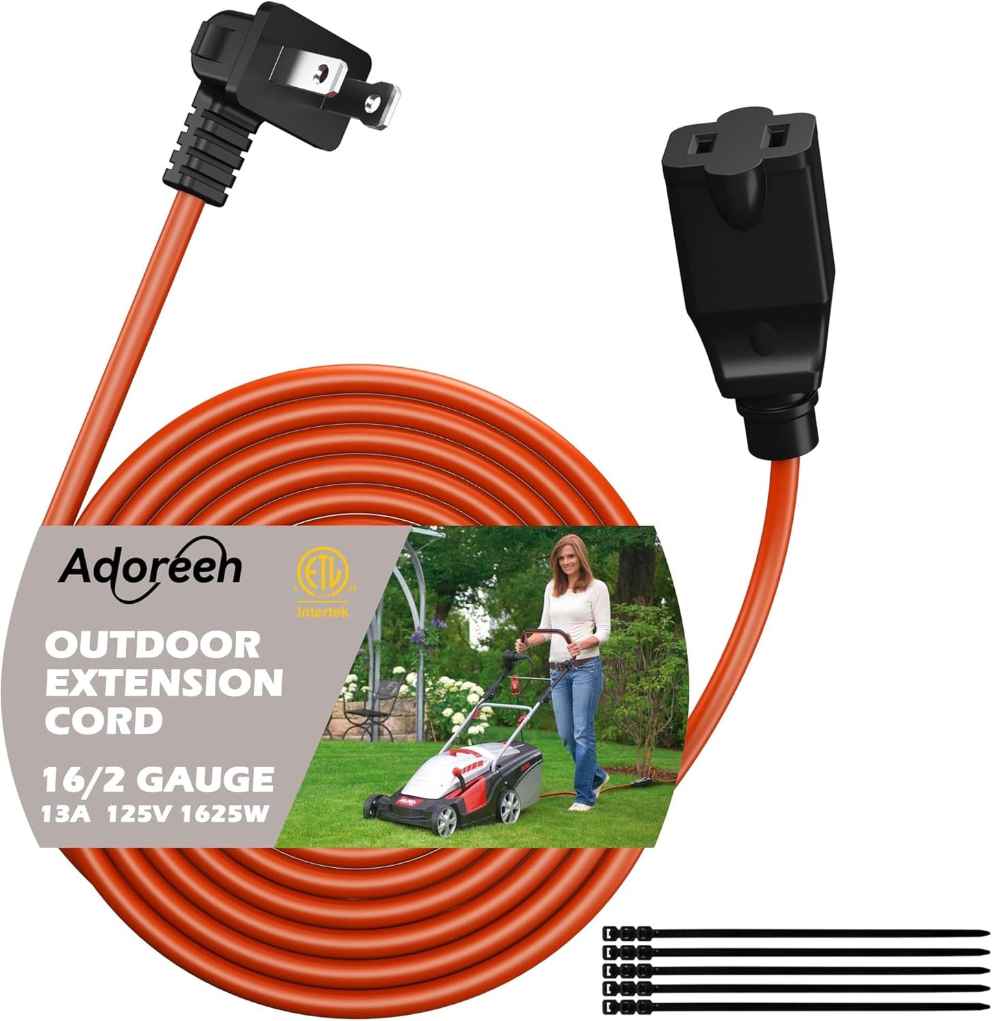 90 Degree 2 Prong Polarized Outdoor Power Extension Cord 20 FT, Angled Low-Profile Plug, 16 Gauge 125V SJTW Waterproof Long Cable for Home Office Lawnmower Garden Tools Lights, ETL+Ties-Bright Orange
