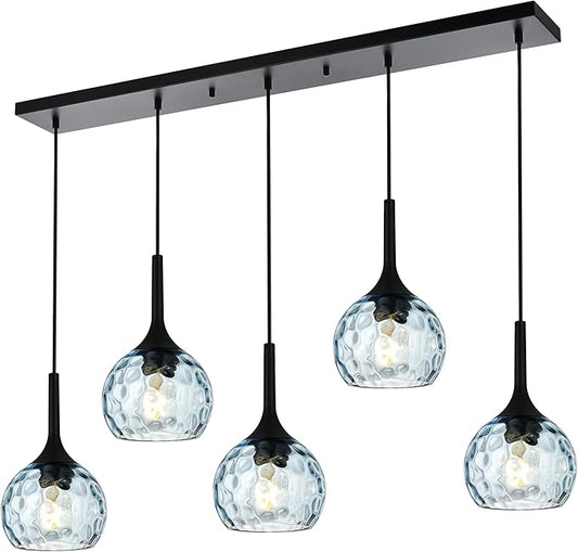 VINLUZ Farmhouse Chandelier 5-Light Classic Pendant Light with Blue Round Ribbed Glass Shade, Black Finish Linear Hanging Lighting Dining Room Light Fixture