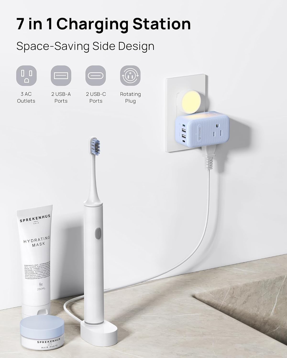 TROND Outlet Extender with 360 Rotating Plug, 3 Way Plug Splitter with PD 20W USB C Adapter, Multi Wall Adapter, Colorful Outlet Extension for Home Decoration, Travel Cruise Essentials