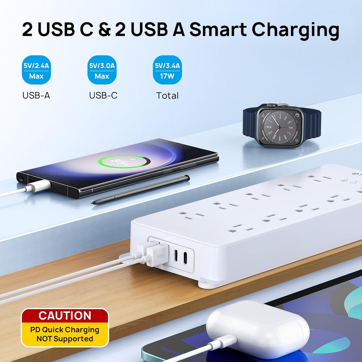 TROND Power Strip Surge Protector, 4000J, ETL Listed, 10 Widely Spaced Outlets, 2 USB A & 2 USB C Ports, Flat Plug Power Strip, 10ft Long Extension Cord, Wall Mountable, for Home Office Garage, White