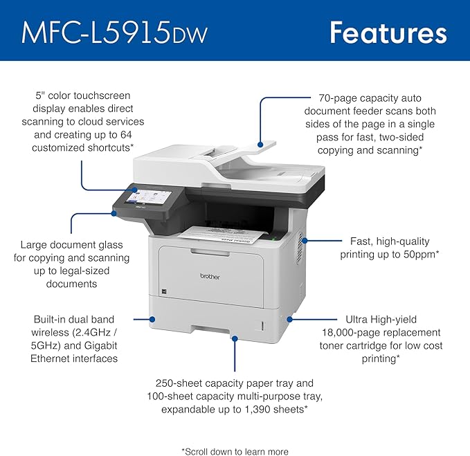 Brother MFC-L5915DW Monochrome Multifunction All-in-One Laser Printer, Wireless Networking, Mobile Printing & Scanning, Duplex Print, Copy & Scan, Amazon Dash Replenishment Ready (Renewed Premium)