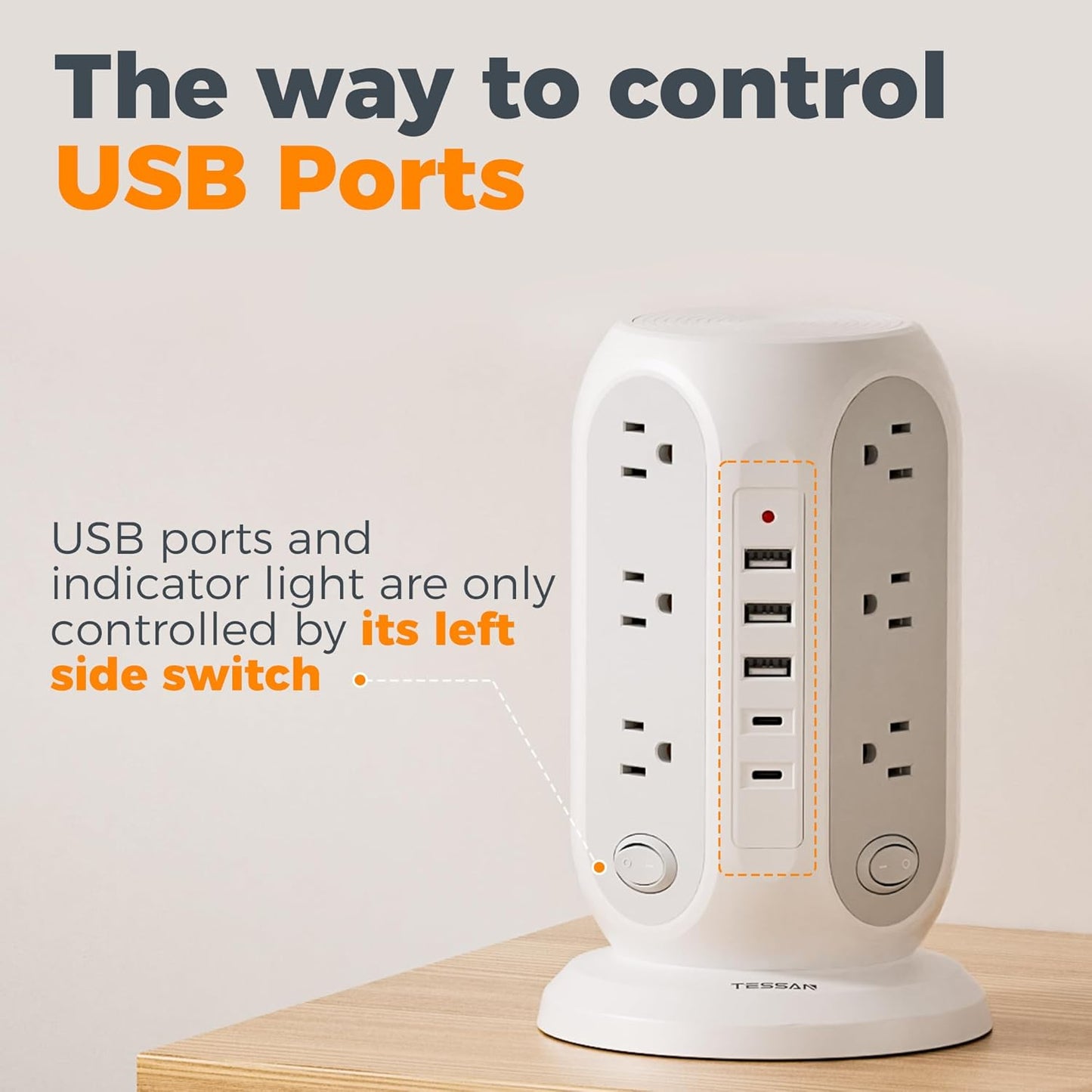 TESSAN Tower Power Strip with Individual Switches, Surge Protector with 12 Outlets, 5 USB Ports(2 USB C), Flat Extension Cord 10 Ft, Flat Plug, Charging Station for Multiple Devices, for Office, Dorm