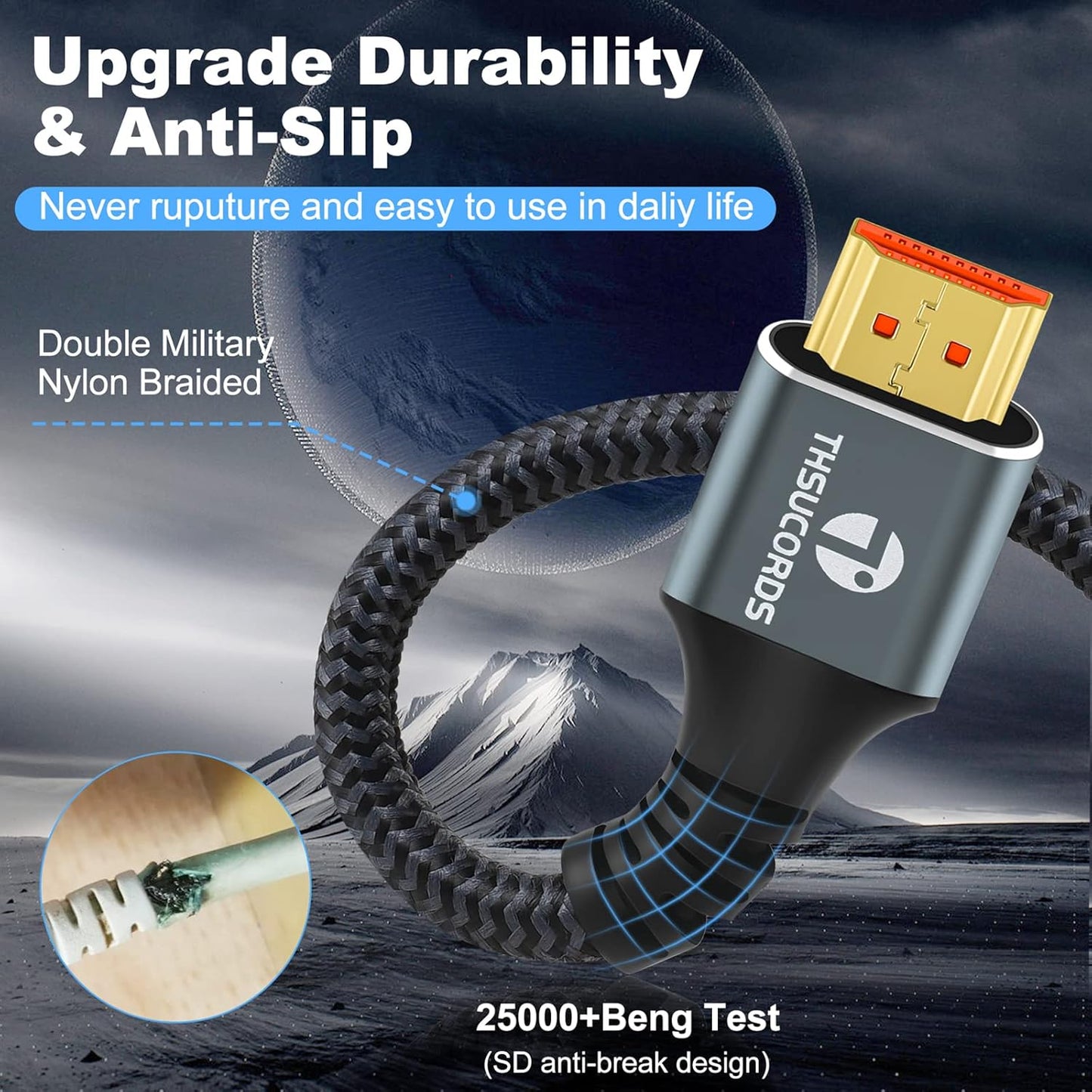 8K 4K HDMI Cable 6.6FT 2 Pack, High Speed Braided HDMI to HDMI 2.1 Cord Supports 8K@60Hz, 4K@120Hz 144Hz 48Gbps Compatible with Roku TV/PS5/HDTV/Blu-ray