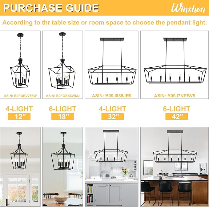 4-Lights Rustic Chandelier for Dining Room, 32-Inches Width Pendant Lighting for Kitchen Island in Black Finish